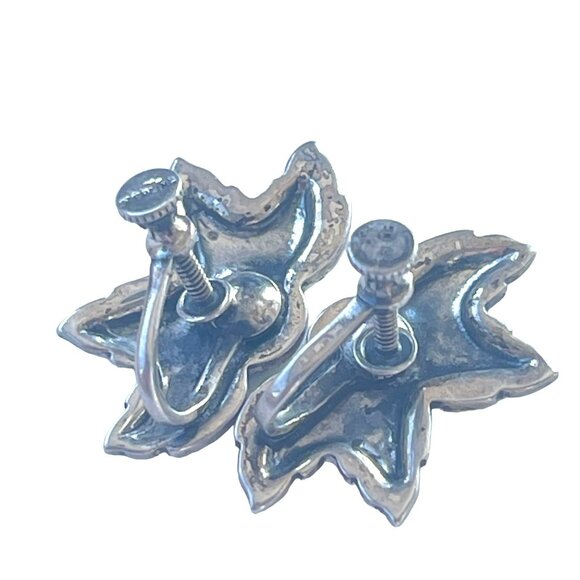 Vintage Sterling Silver Flower Screw Back 1940s Earrings Elegant Design for Wome - Picture 4 of 6